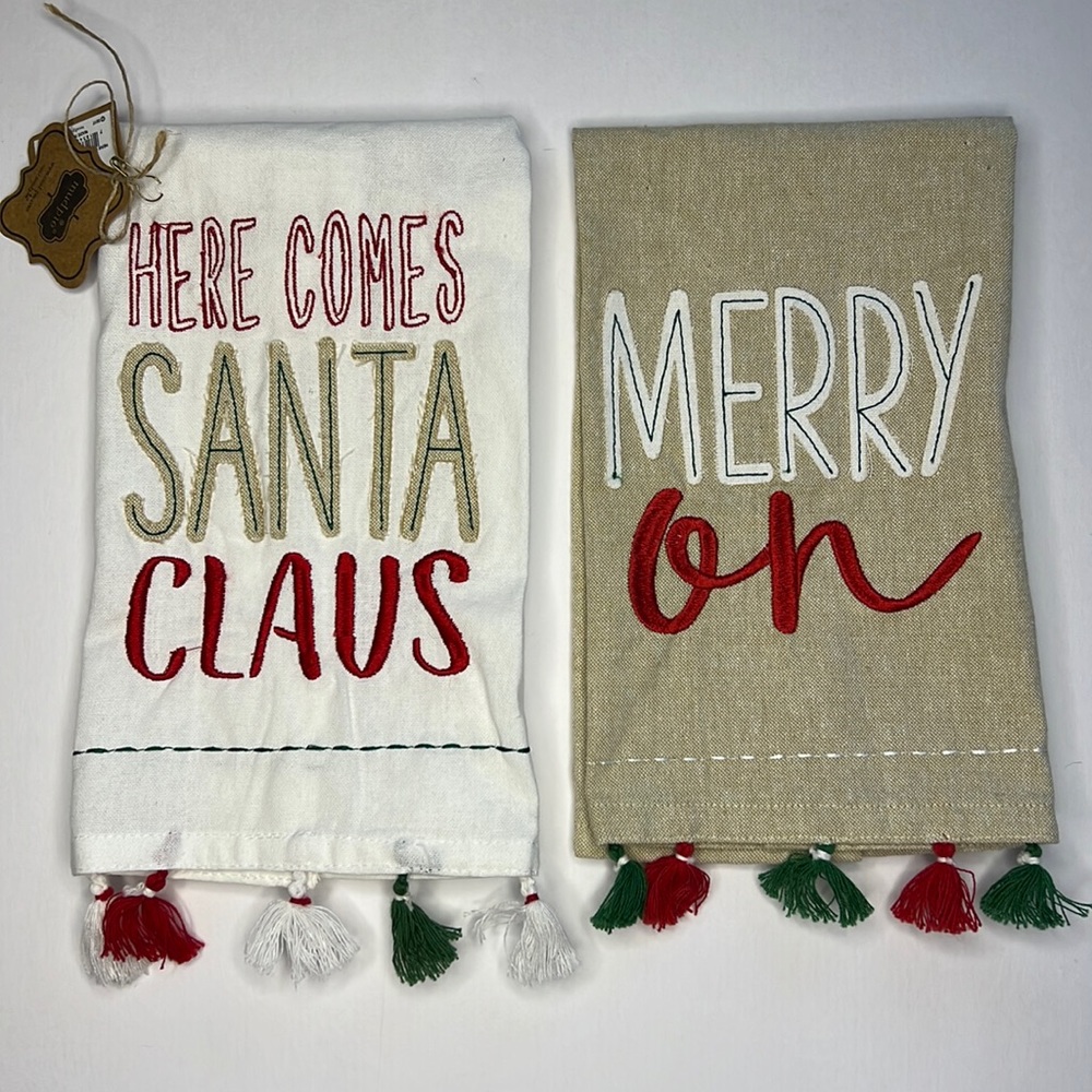 MUDPIE Tassel‎ Towels SET of 2 Santa Merry Christmas Embroidery hostess gift NEW